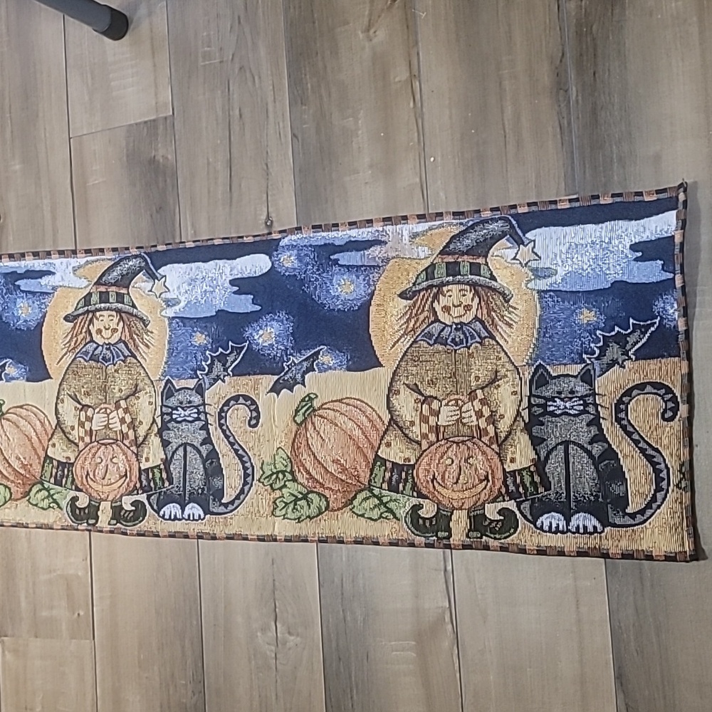 Halloween tapestry table runner 70 x 13 scarecrow black cat Fall Autumn witchy